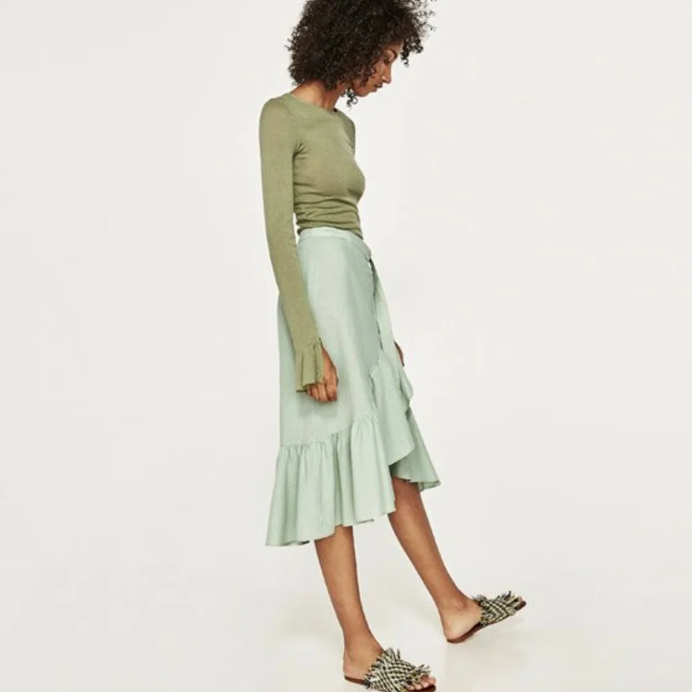 Zara Light Green Linen Ruffled Wrap Skirt - Picture 2 of 7